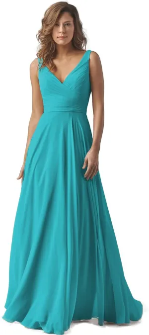 Women Double V-Neck Sleevless Bridesmaid Dresses Ruched Chiffon A Line Long Formal Evening Party Dress YR014