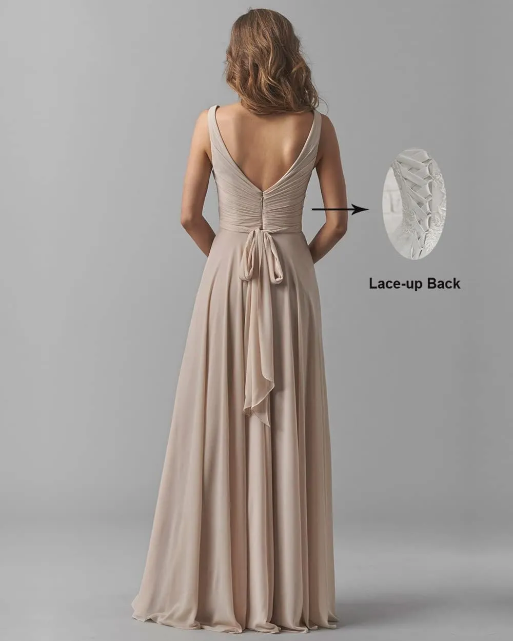 Women Double V-Neck Sleevless Bridesmaid Dresses Ruched Chiffon A Line Long Formal Evening Party Dress YR014