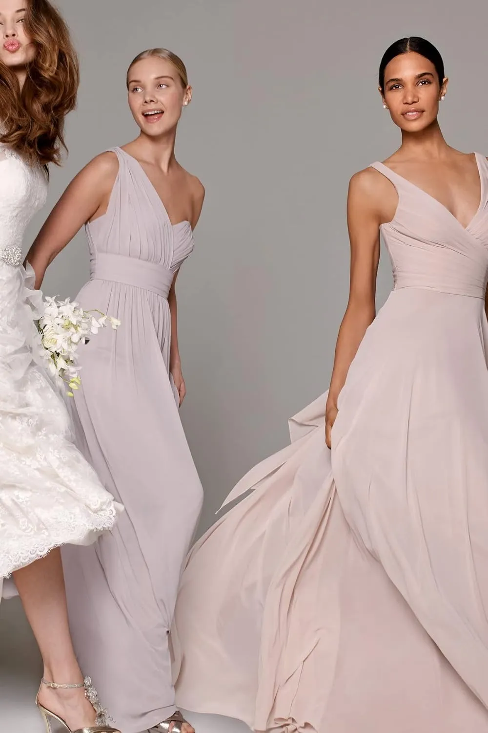 Women Double V-Neck Sleevless Bridesmaid Dresses Ruched Chiffon A Line Long Formal Evening Party Dress YR014