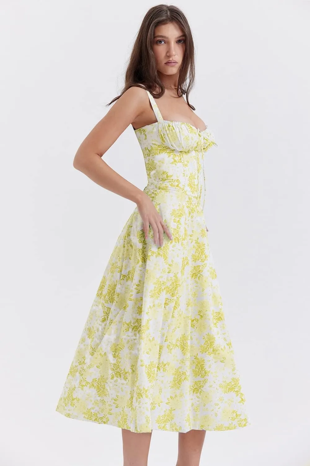 Women Floral Print Bustier Sundress Summer Beach Boho Square Neck Sleeveless Flowy Slit Lace Up Going Out Midi Corset Dress