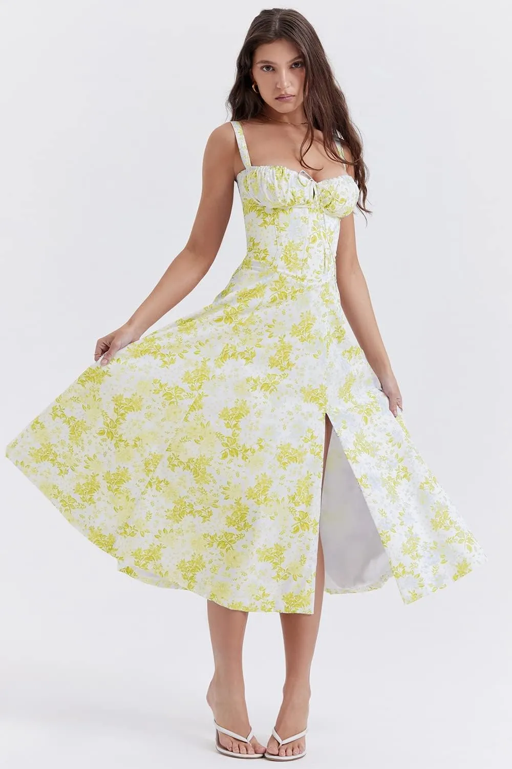 Women Floral Print Bustier Sundress Summer Beach Boho Square Neck Sleeveless Flowy Slit Lace Up Going Out Midi Corset Dress