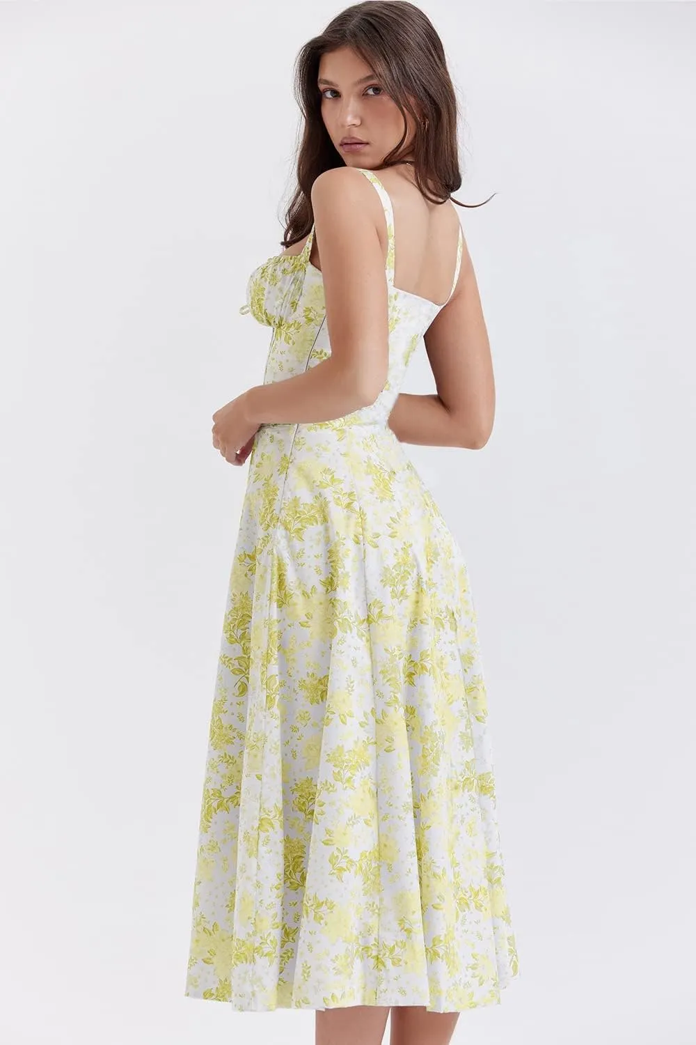 Women Floral Print Bustier Sundress Summer Beach Boho Square Neck Sleeveless Flowy Slit Lace Up Going Out Midi Corset Dress