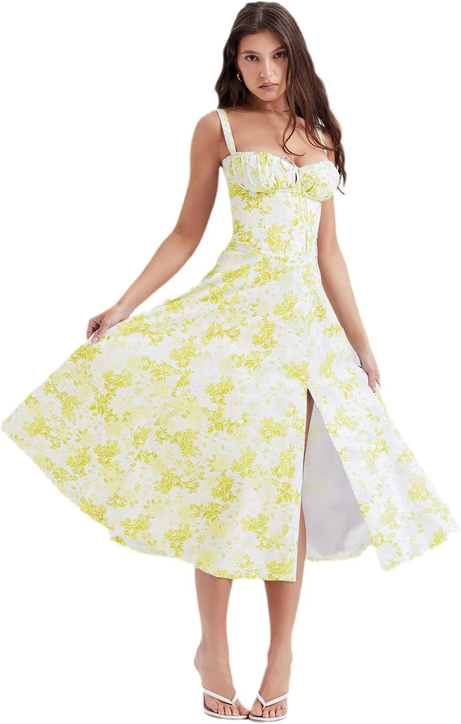 Women Floral Print Bustier Sundress Summer Beach Boho Square Neck Sleeveless Flowy Slit Lace Up Going Out Midi Corset Dress