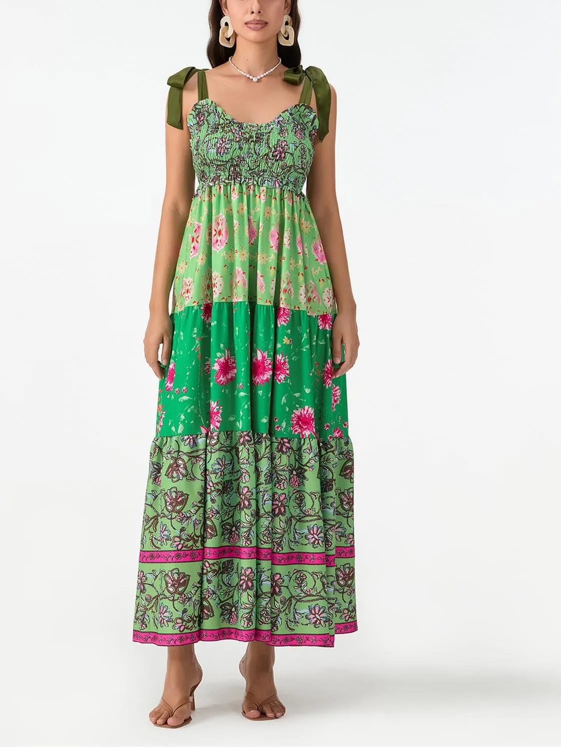 Women Flowy Smocked Tie Shoulder Maxi Dress Boho Summer Beach Floral Long Dress Y2K Sleeveless Square Neck Sundress