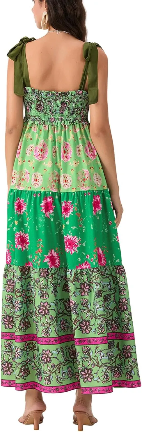 Women Flowy Smocked Tie Shoulder Maxi Dress Boho Summer Beach Floral Long Dress Y2K Sleeveless Square Neck Sundress