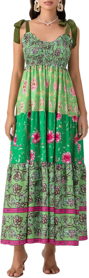 Women Flowy Smocked Tie Shoulder Maxi Dress Boho Summer Beach Floral Long Dress Y2K Sleeveless Square Neck Sundress
