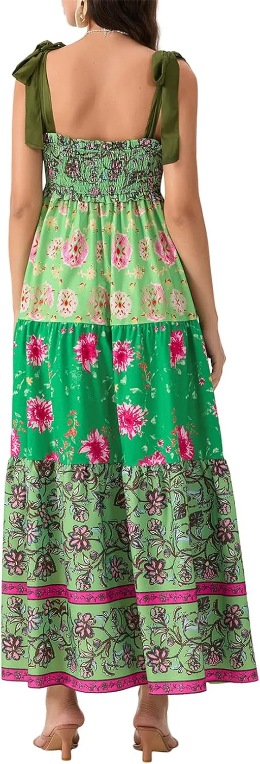 Women Flowy Smocked Tie Shoulder Maxi Dress Boho Summer Beach Floral Long Dress Y2K Sleeveless Square Neck Sundress