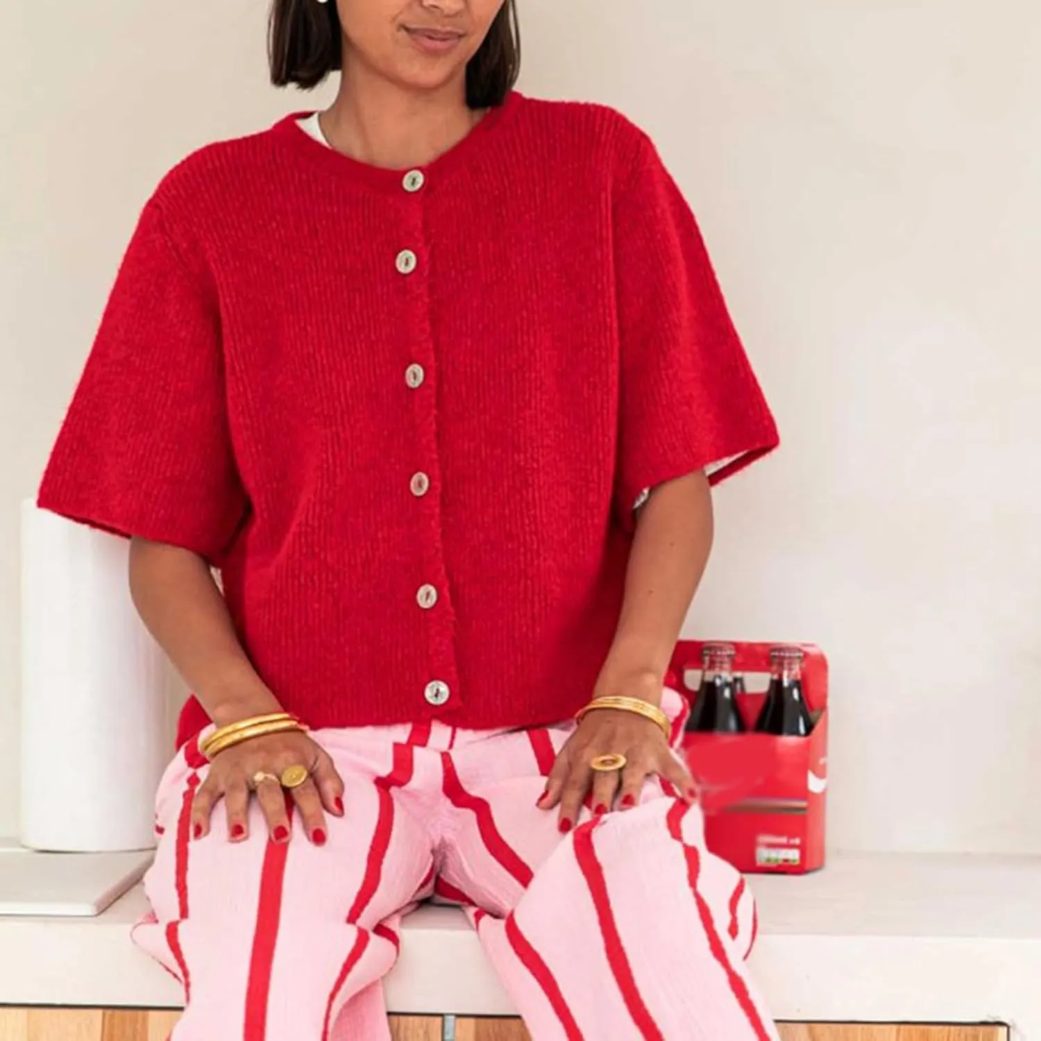 Women Knitted Button Down Short Sleeve Tops Y2K Solid Color Crew Neck Relaxed Sweater Cardigan Going Out Knit Tops