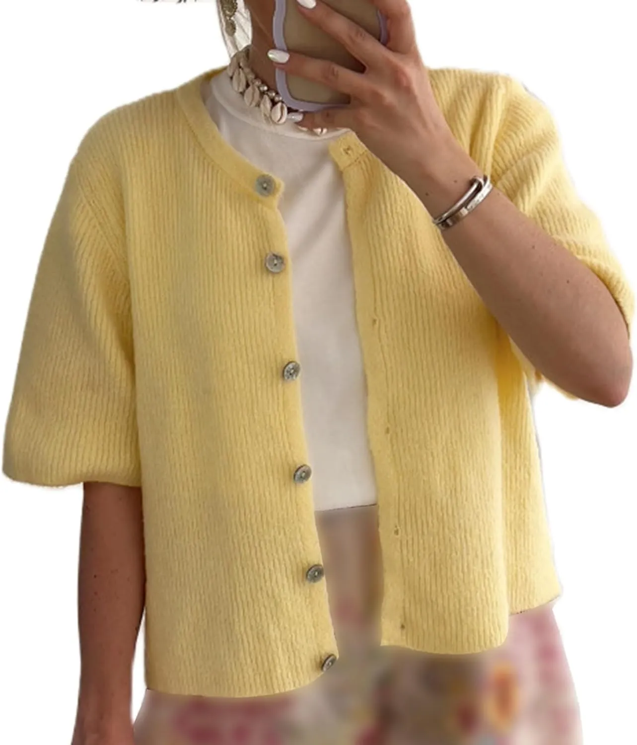 Women Knitted Button Down Short Sleeve Tops Y2K Solid Color Crew Neck Relaxed Sweater Cardigan Going Out Knit Tops