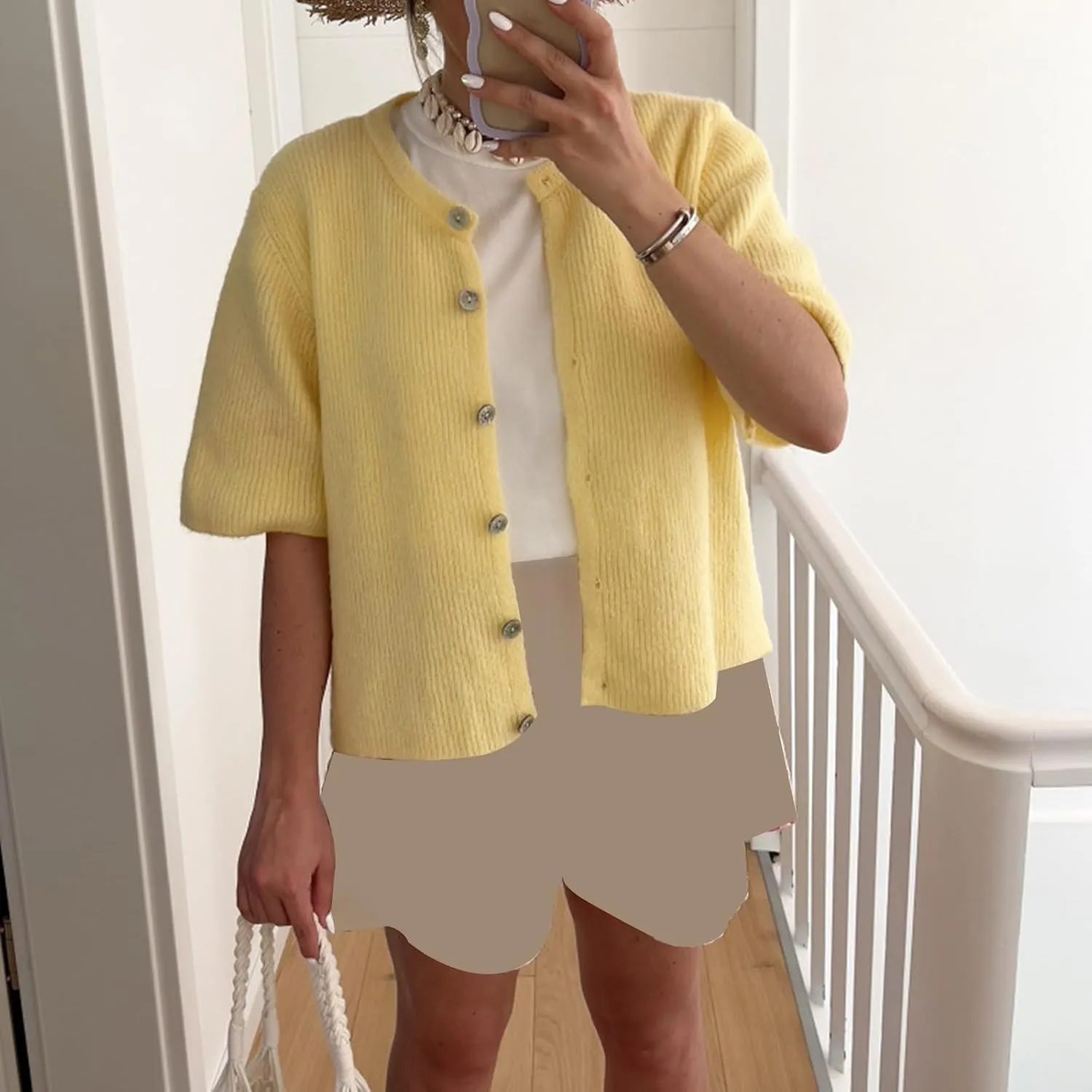 Women Knitted Button Down Short Sleeve Tops Y2K Solid Color Crew Neck Relaxed Sweater Cardigan Going Out Knit Tops