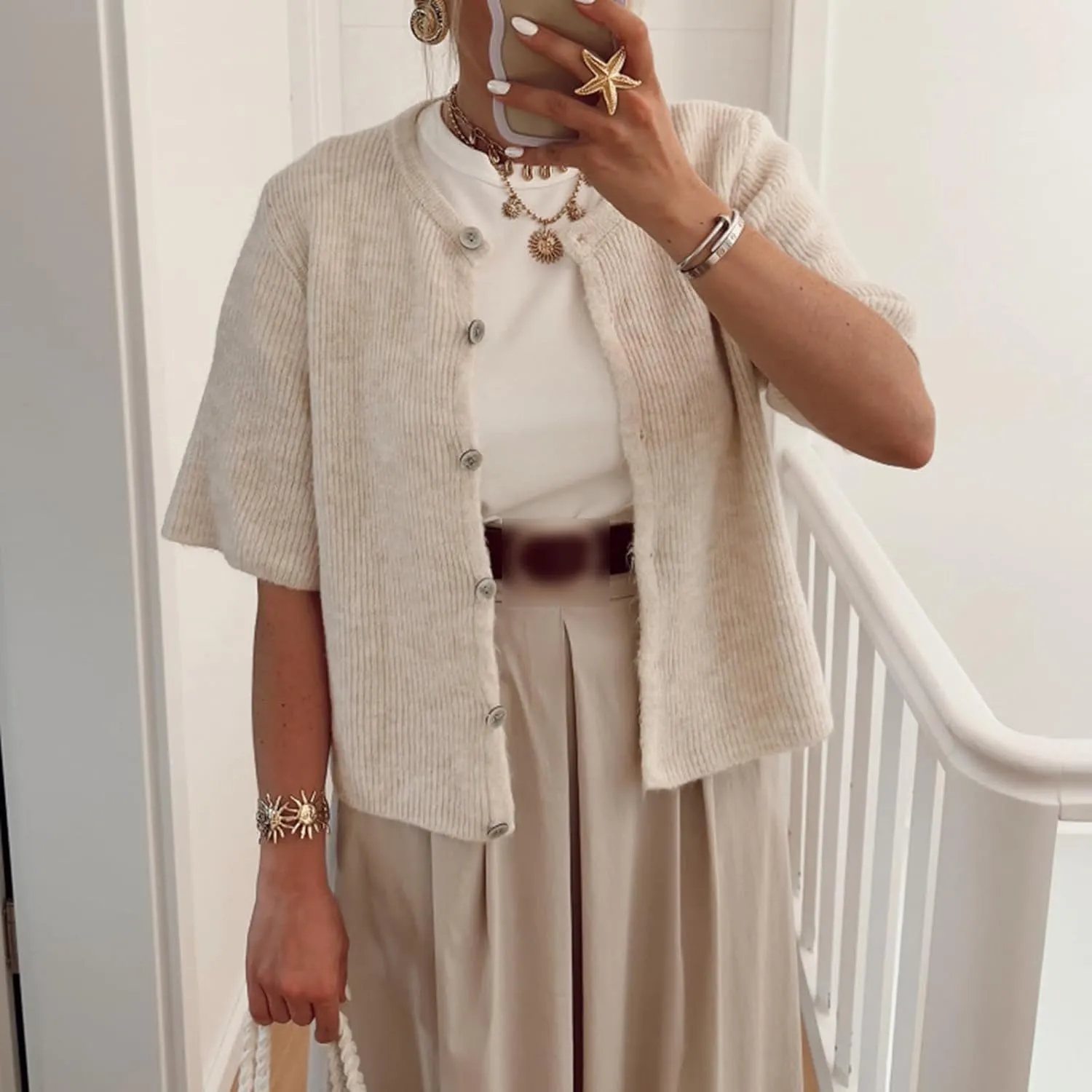 Women Knitted Button Down Short Sleeve Tops Y2K Solid Color Crew Neck Relaxed Sweater Cardigan Going Out Knit Tops