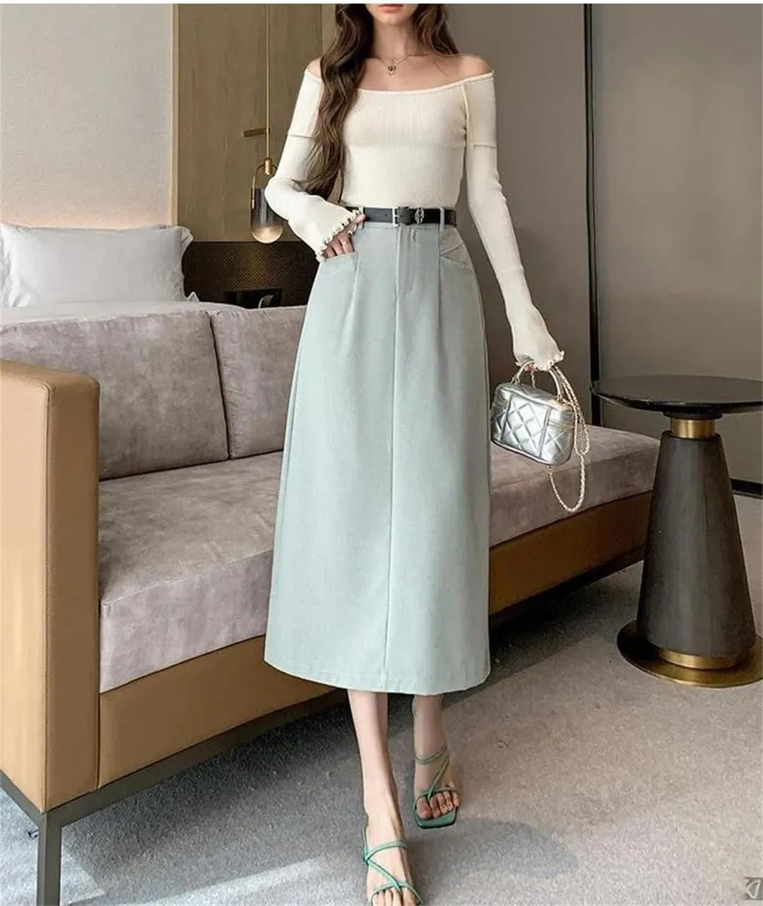 Women Pencil Skirt with Belt Elegant Work OL Office Midi Skirts