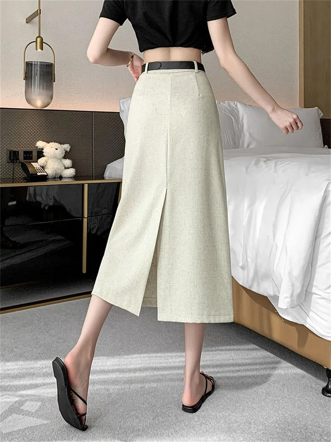 Women Pencil Skirt with Belt Elegant Work OL Office Midi Skirts