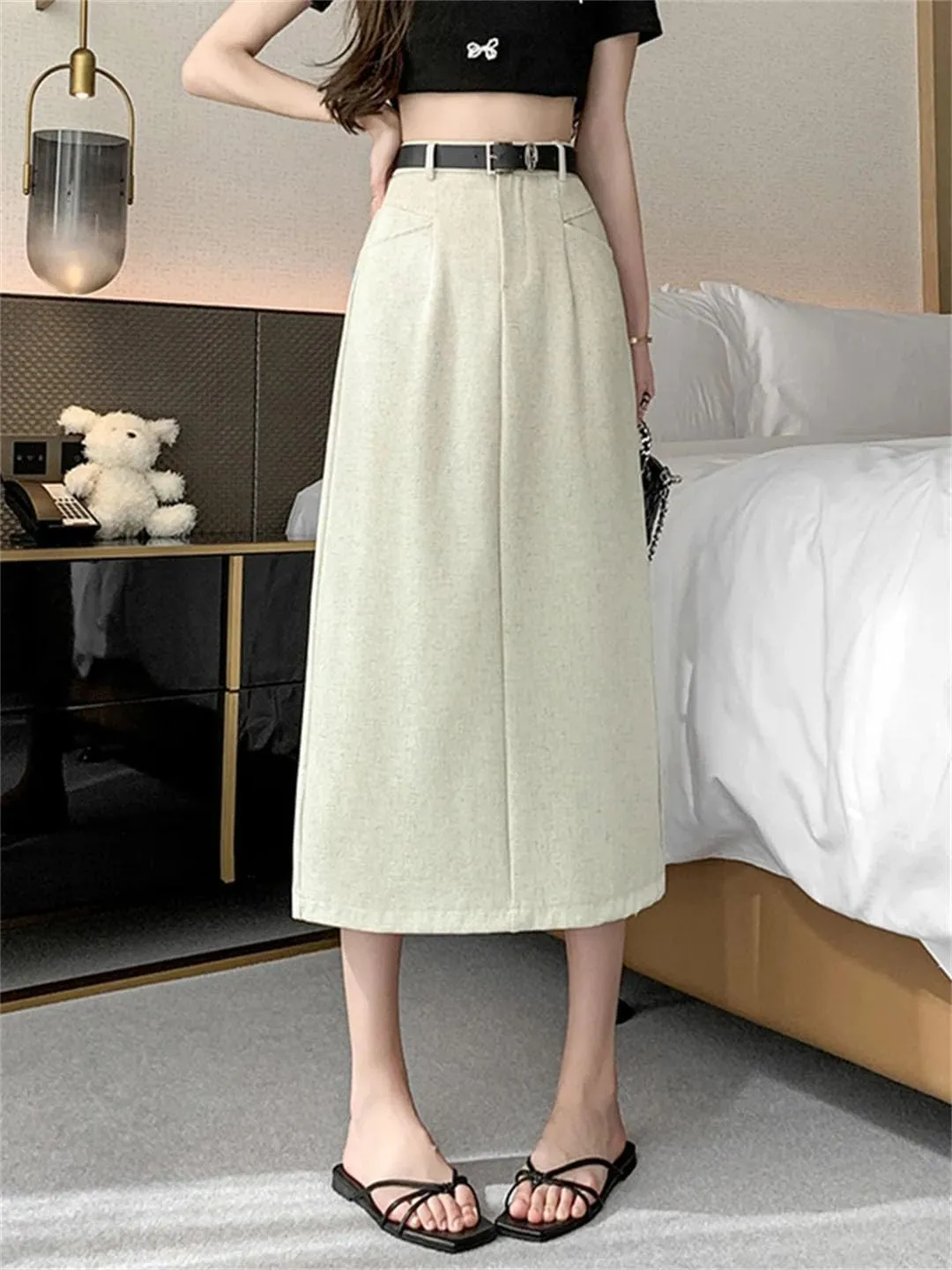 Women Pencil Skirt with Belt Elegant Work OL Office Midi Skirts