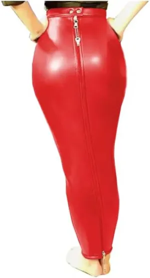 Women PU Leather High Waist Full Zip Lockable Bodycon Sissy Hobble Pencil Skirts Long Skirt Fetish