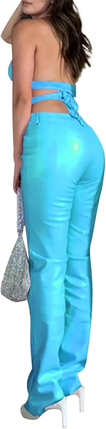 Women 's Faux Leather Slim Fit Straight Trousers Fashion Bandage Hollow High Waist Leather Pants