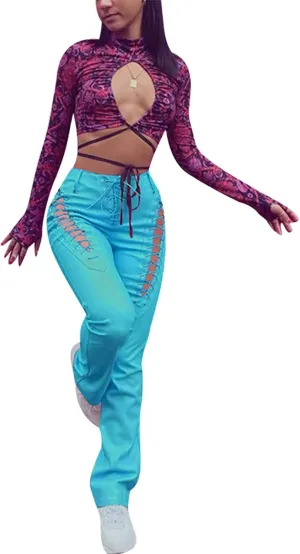 Women 's Faux Leather Slim Fit Straight Trousers Fashion Bandage Hollow High Waist Leather Pants