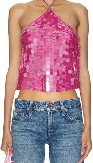 Women Sequin Halter Crop Top Low Cut Cowl Neck Backless Tank Tops Sparkle Shimmer Camisole for Club Party