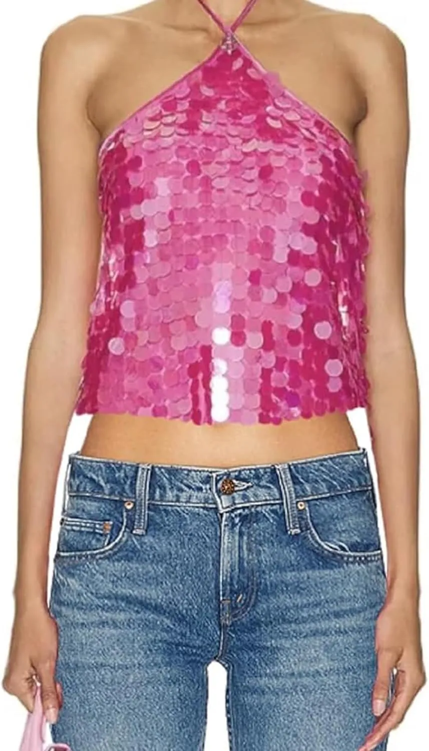Women Sequin Halter Crop Top Low Cut Cowl Neck Backless Tank Tops Sparkle Shimmer Camisole for Club Party