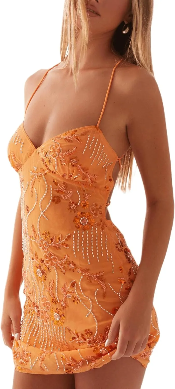 Women Sequin Sparkly Mini Dress Sexy Y2K V Neck Floral Pearl Cami Dress Glitter Party Club Bodycon Dresses