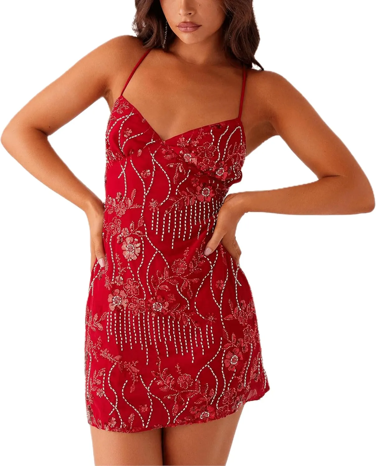 Women Sequin Sparkly Mini Dress Sexy Y2K V Neck Floral Pearl Cami Dress Glitter Party Club Bodycon Dresses