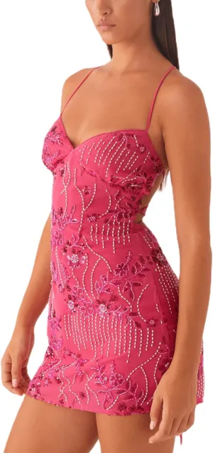 Women Sequin Sparkly Mini Dress Sexy Y2K V Neck Floral Pearl Cami Dress Glitter Party Club Bodycon Dresses