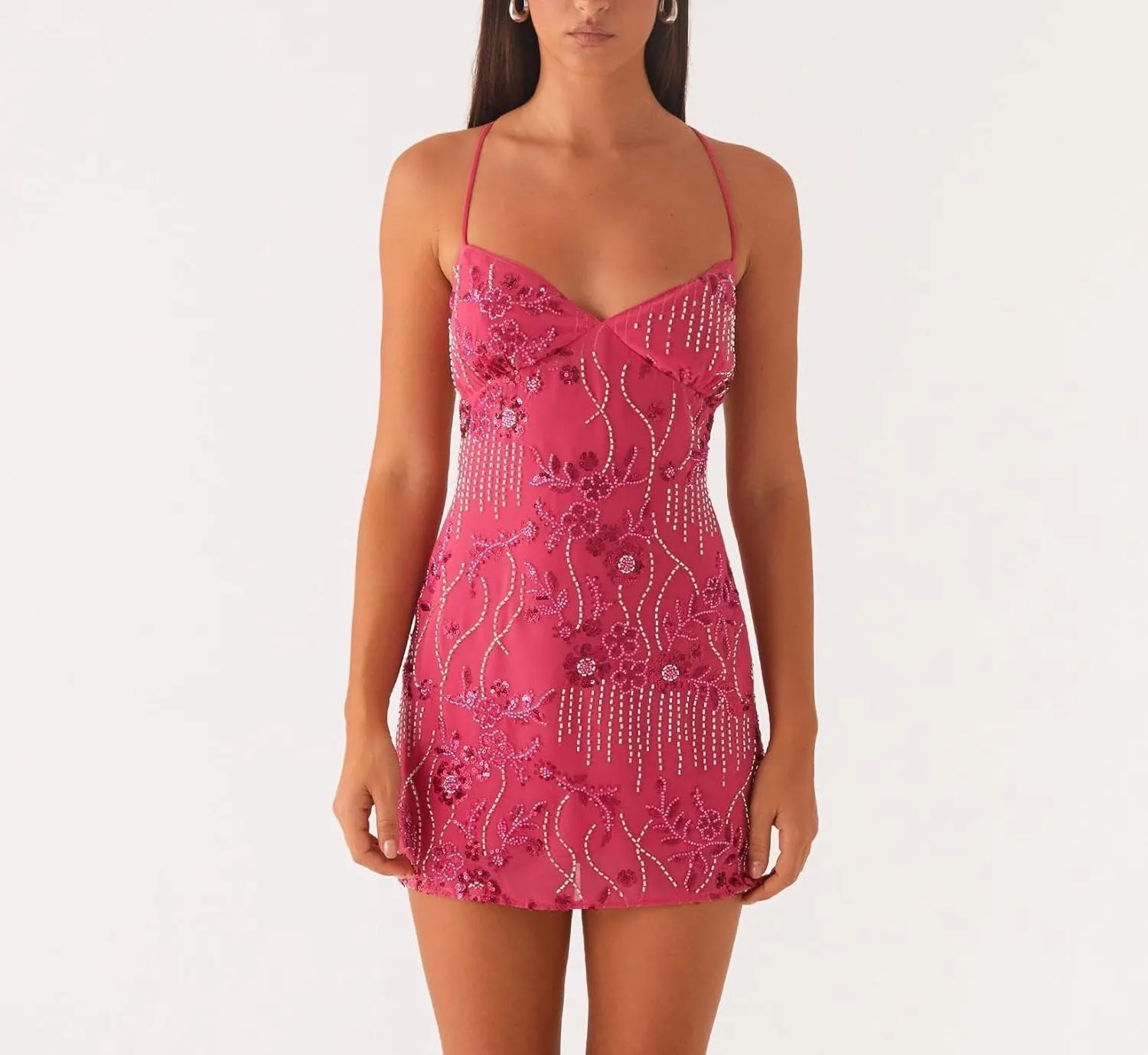Women Sequin Sparkly Mini Dress Sexy Y2K V Neck Floral Pearl Cami Dress Glitter Party Club Bodycon Dresses