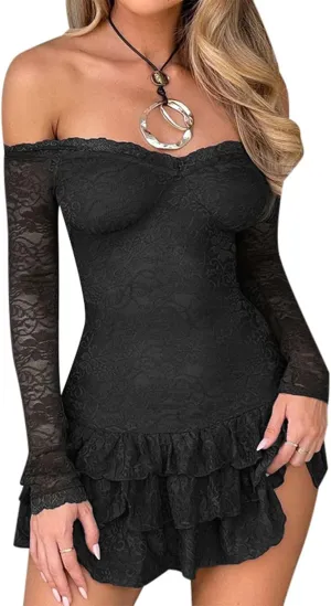 Women Sexy Lace Mini Dress Floral Off Shoulder Long Sleeve Mesh Sheer Dress Ruffles Hem Casual Bodycon Short Dresses