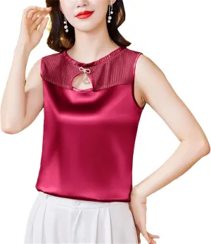 Women Silk Satin Tank Top Sleeveless Casual Crew Neck Blouses Summer Hollow Out Camisole