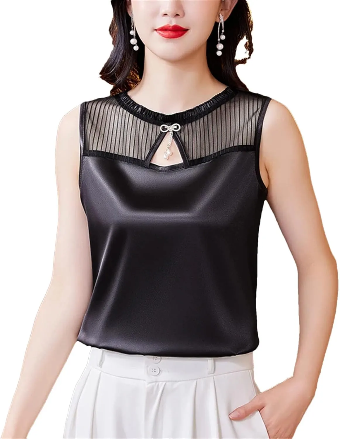 Women Silk Satin Tank Top Sleeveless Casual Crew Neck Blouses Summer Hollow Out Camisole