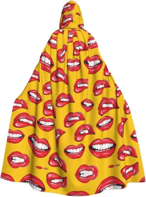 Women Smiling And Biting Her Red Lips Print Long Cape Unisex Cloak With Hood Halloween Costume Cloak Adult Vampire Witch Cape