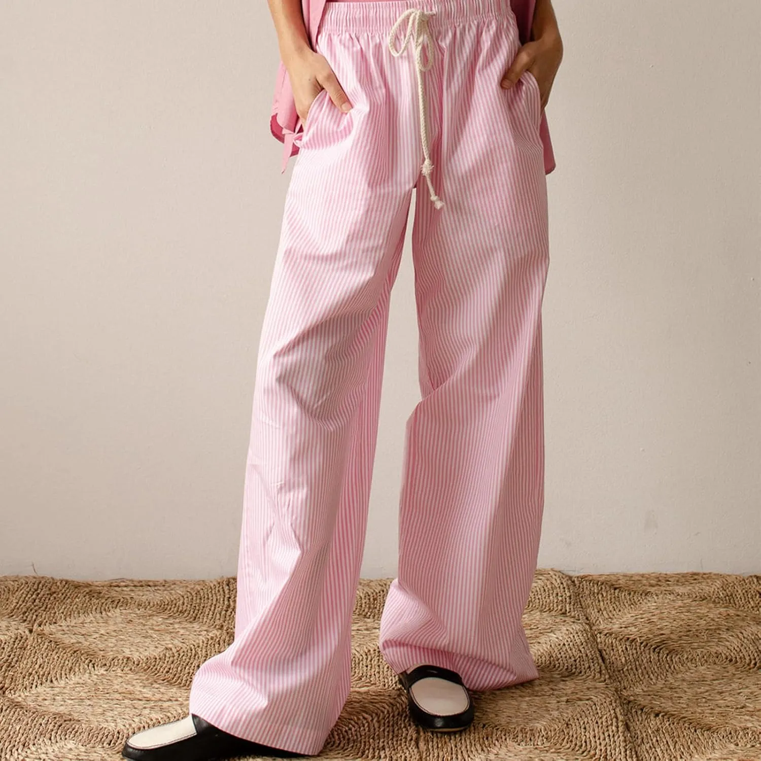 Women Y2k Striped Pants Wide Leg Drawstring Elastic High Waist Lounge Trousers Spring Fall Casual Vintage Streetwear
