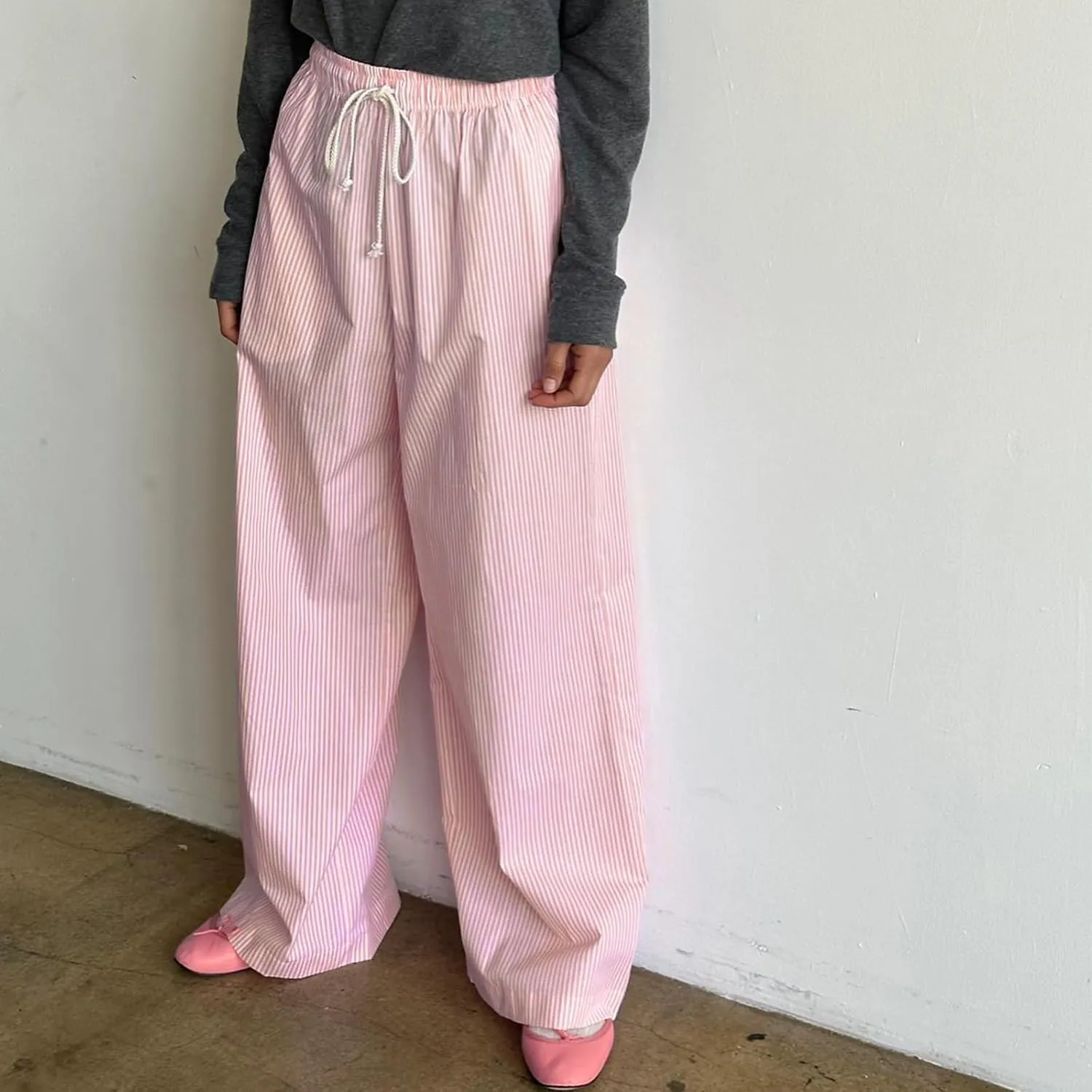Women Y2k Striped Pants Wide Leg Drawstring Elastic High Waist Lounge Trousers Spring Fall Casual Vintage Streetwear