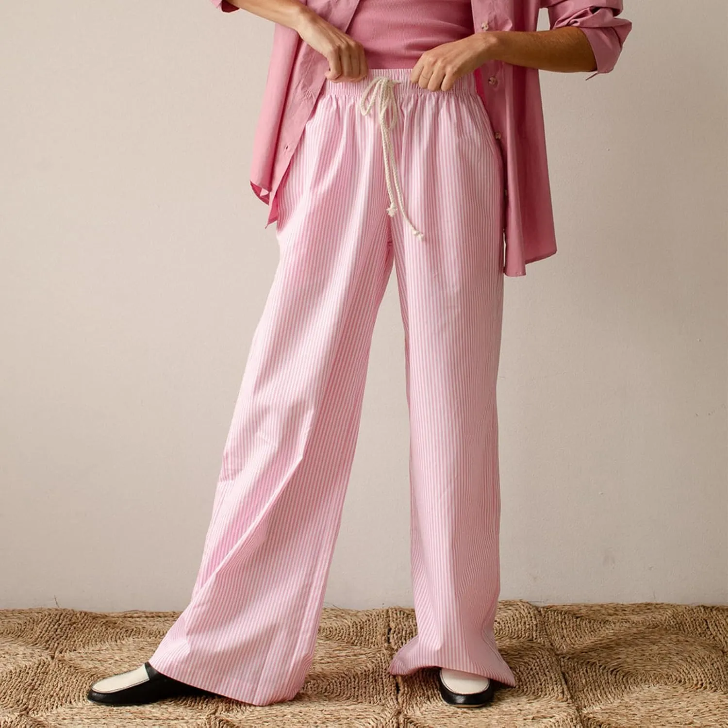 Women Y2k Striped Pants Wide Leg Drawstring Elastic High Waist Lounge Trousers Spring Fall Casual Vintage Streetwear
