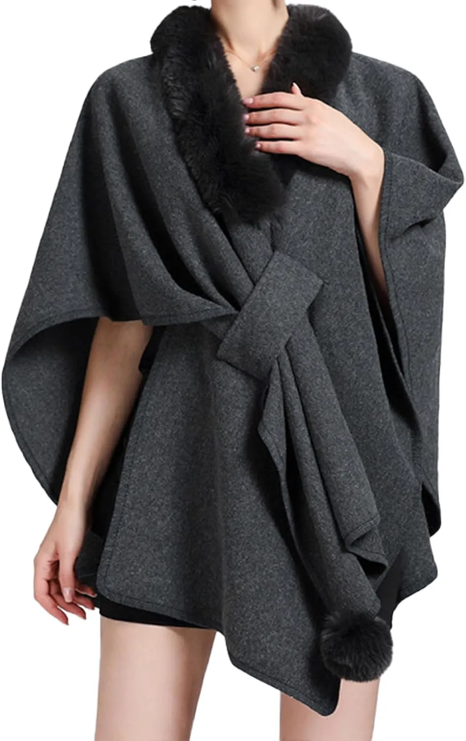 Womens Batwing Sleeve Fur Collar Cloak Shawl ScarfFaux Fur Shawls Jackets V Neck Cape Coats