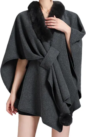 Womens Batwing Sleeve Fur Collar Cloak Shawl ScarfFaux Fur Shawls Jackets V Neck Cape Coats