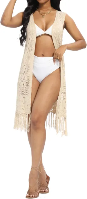 Women's Boho Open Front Crochet Cardigans Tassels Duster Beach Outwear
