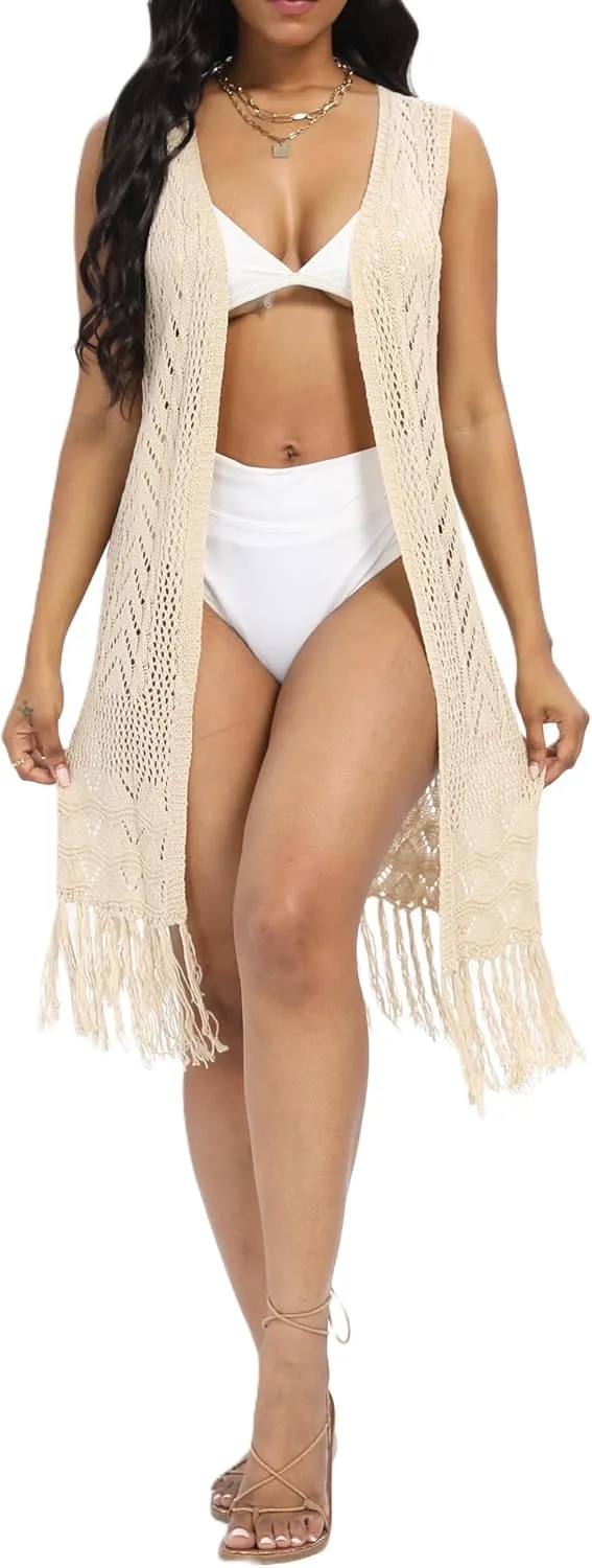 Women's Boho Open Front Crochet Cardigans Tassels Duster Beach Outwear