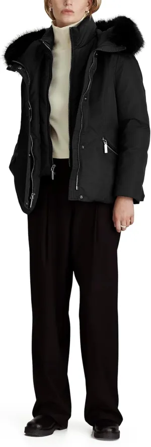 Women's Boston Heavy Nylon Parka Jacket With Attached Bib and Faux Fur Trim Hood