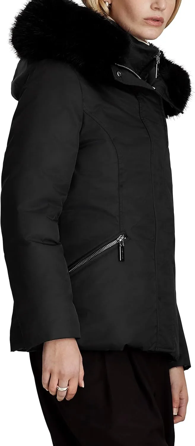 Women's Boston Heavy Nylon Parka Jacket With Attached Bib and Faux Fur Trim Hood