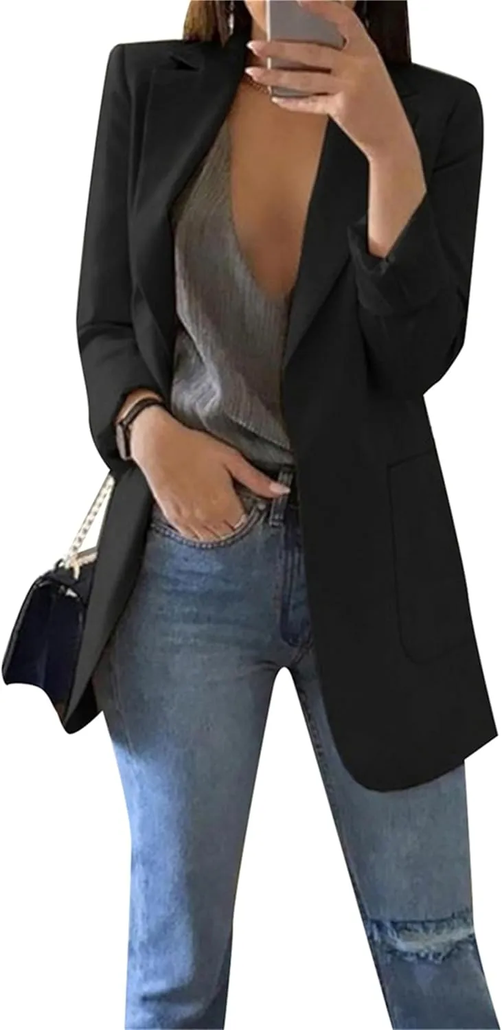 Women's Business Solid Color Blazer Long Sleeve Work Office Jacket Lapel Cardigans with Pockets
