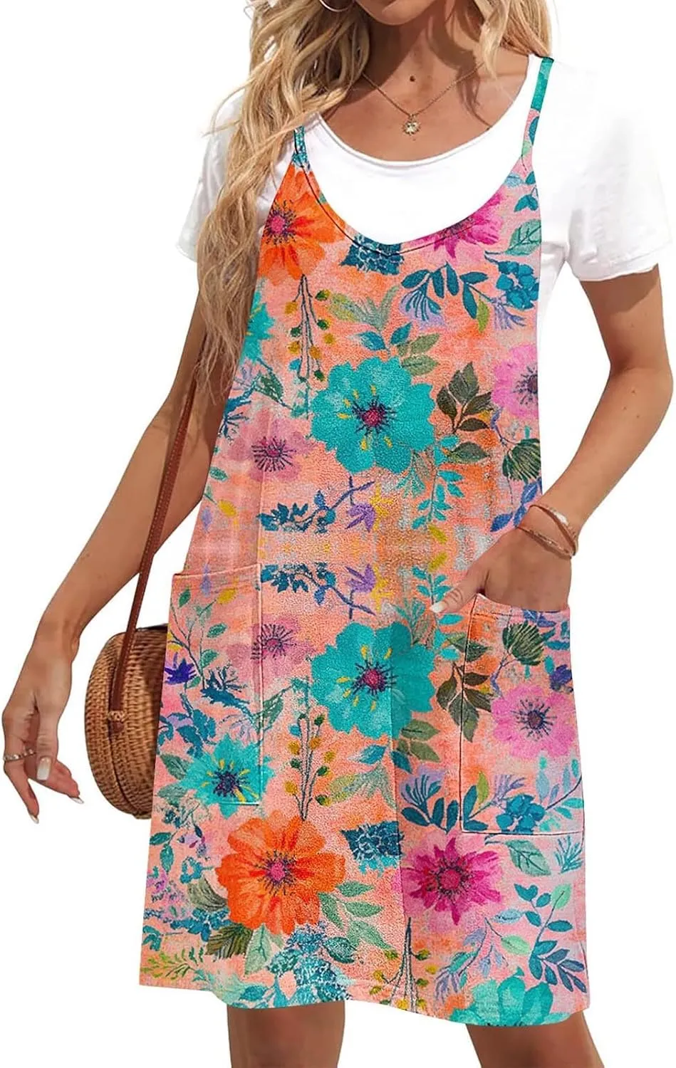 Womens Casual Sundress Trendy Flower Pattern Print Summer Dresses Sleeveless Loose Vacation Beach Dress