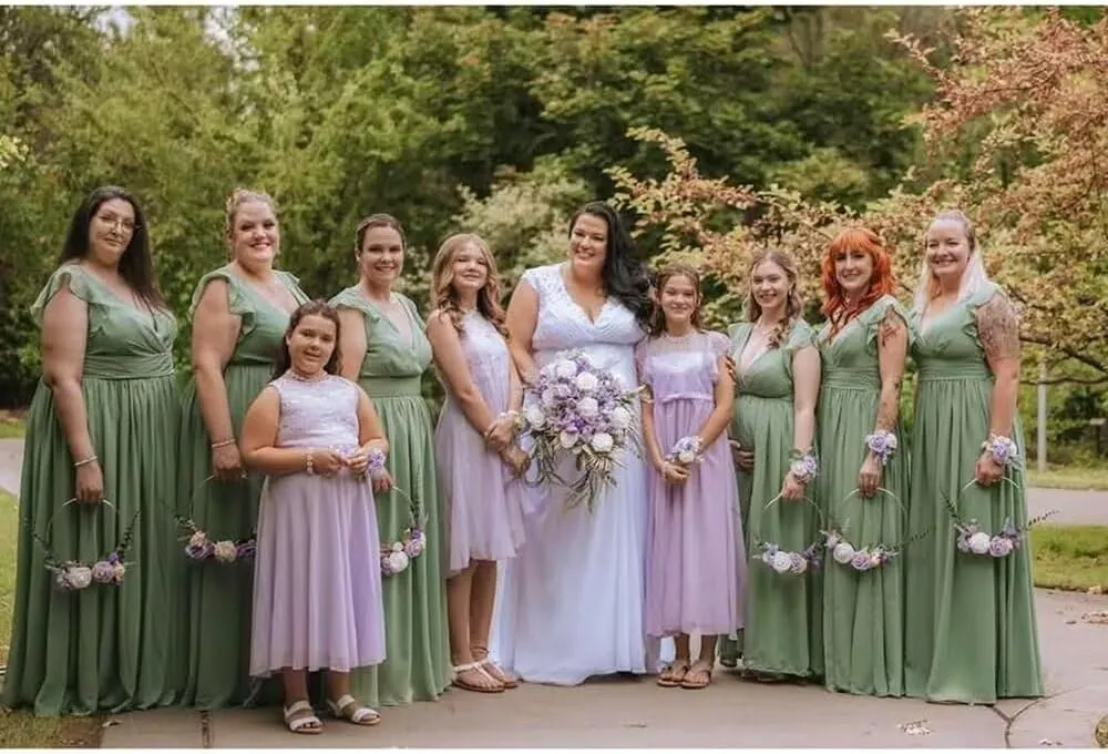Women's Chiffon Bridesmaid Dresses with Slit Long V Neck Ruffle Formal Evening Dress with Pockets