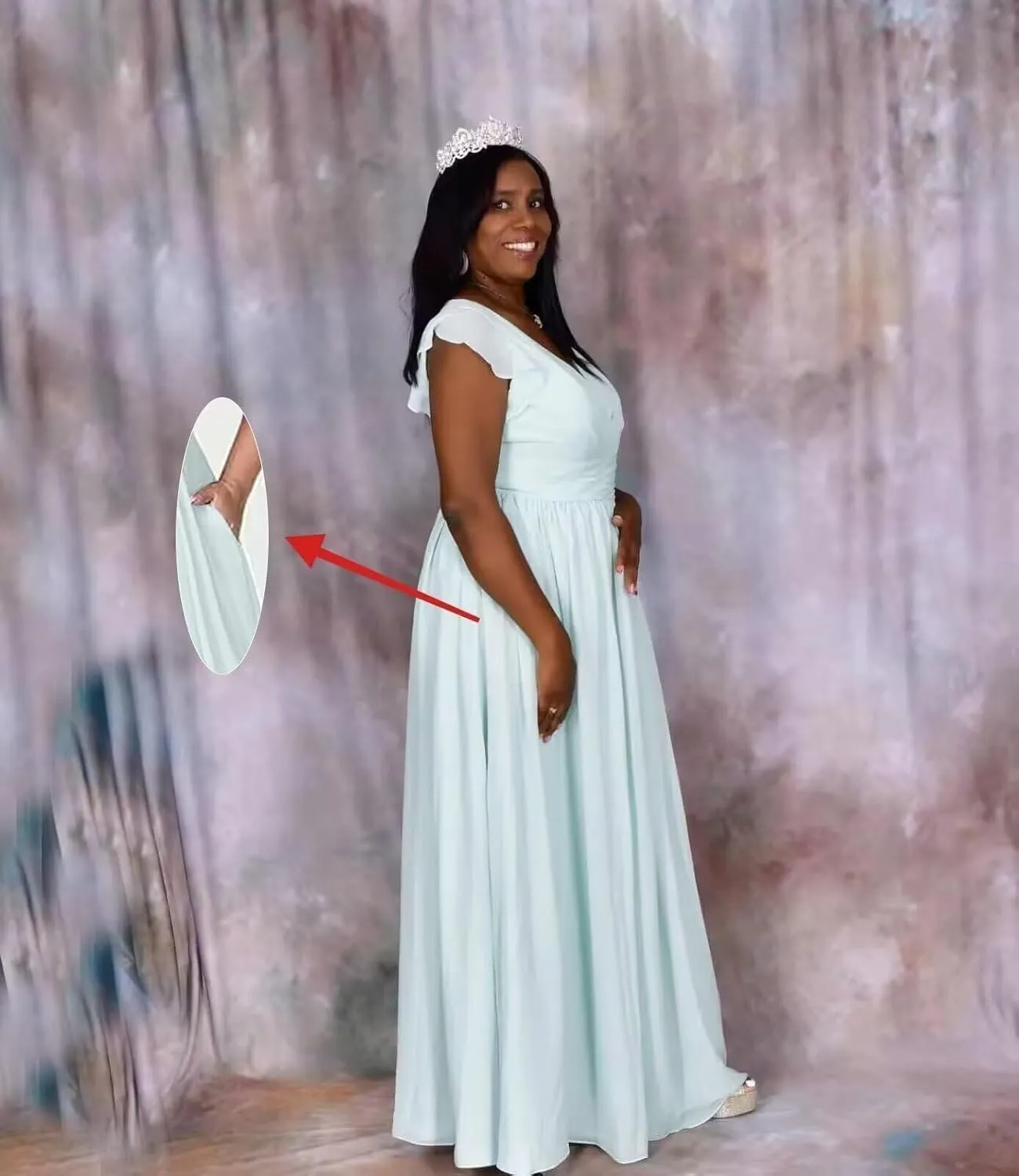 Women's Chiffon Bridesmaid Dresses with Slit Long V Neck Ruffle Formal Evening Dress with Pockets