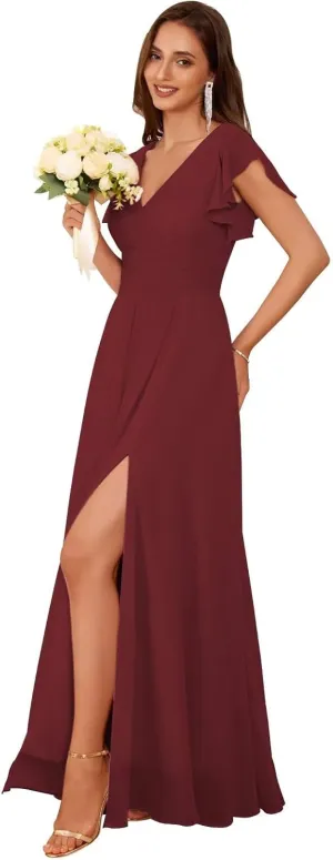 Women's Chiffon Bridesmaid Dresses with Slit Long V Neck Ruffle Formal Evening Dress with Pockets