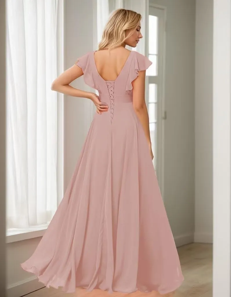 Women's Chiffon Bridesmaid Dresses with Slit Long V Neck Ruffle Formal Evening Dress with Pockets