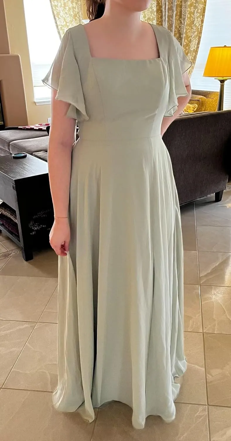 Women's Chiffon Fall Bridesmaid Dresses with Silt Ruffle Sleeve A Line Long Formal Party Dress 2025