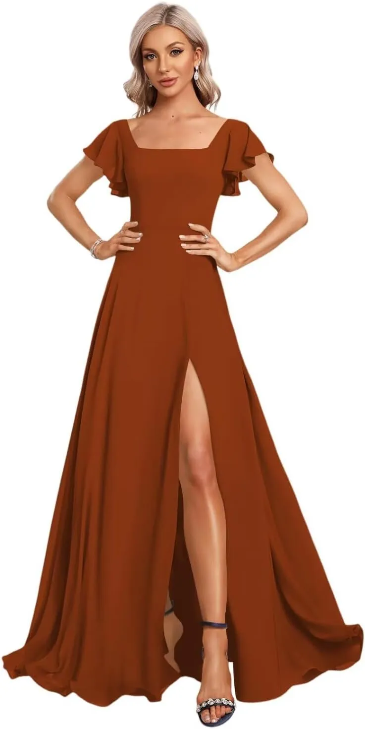 Women's Chiffon Fall Bridesmaid Dresses with Silt Ruffle Sleeve A Line Long Formal Party Dress 2025