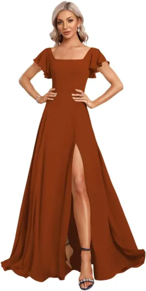 Women's Chiffon Fall Bridesmaid Dresses with Silt Ruffle Sleeve A Line Long Formal Party Dress 2025