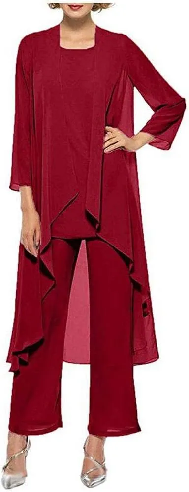 Women's Chiffon Pants Suits 3 Pieces Mother of The Bride Wedding Party Outfit Evening Dress